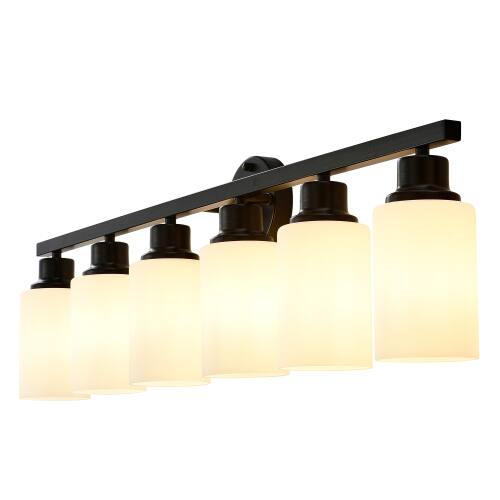 Alt View 4. LUCKY ONE - 6-Light Matte Black Wood Wall Lamp, Glass Shade Sconce for Bathroom or Bedroom Wall Mount - Matte Black,Wood.