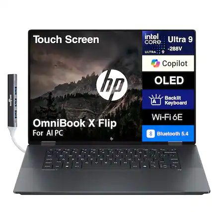 Sure, here is the corrected and grouped text from the image:
---
**Touch Screen**
**hp OmniBook X Flip For AI PC**
- **intel CORE Ultra 9 -288V**
- **Copilot**
- **OLED**
- **Backlit Keyboard**
- **Wi-Fi 6E**
- **Bluetooth 5.4**
---
This text highlights the key features of the HP OmniBook X Flip laptop.