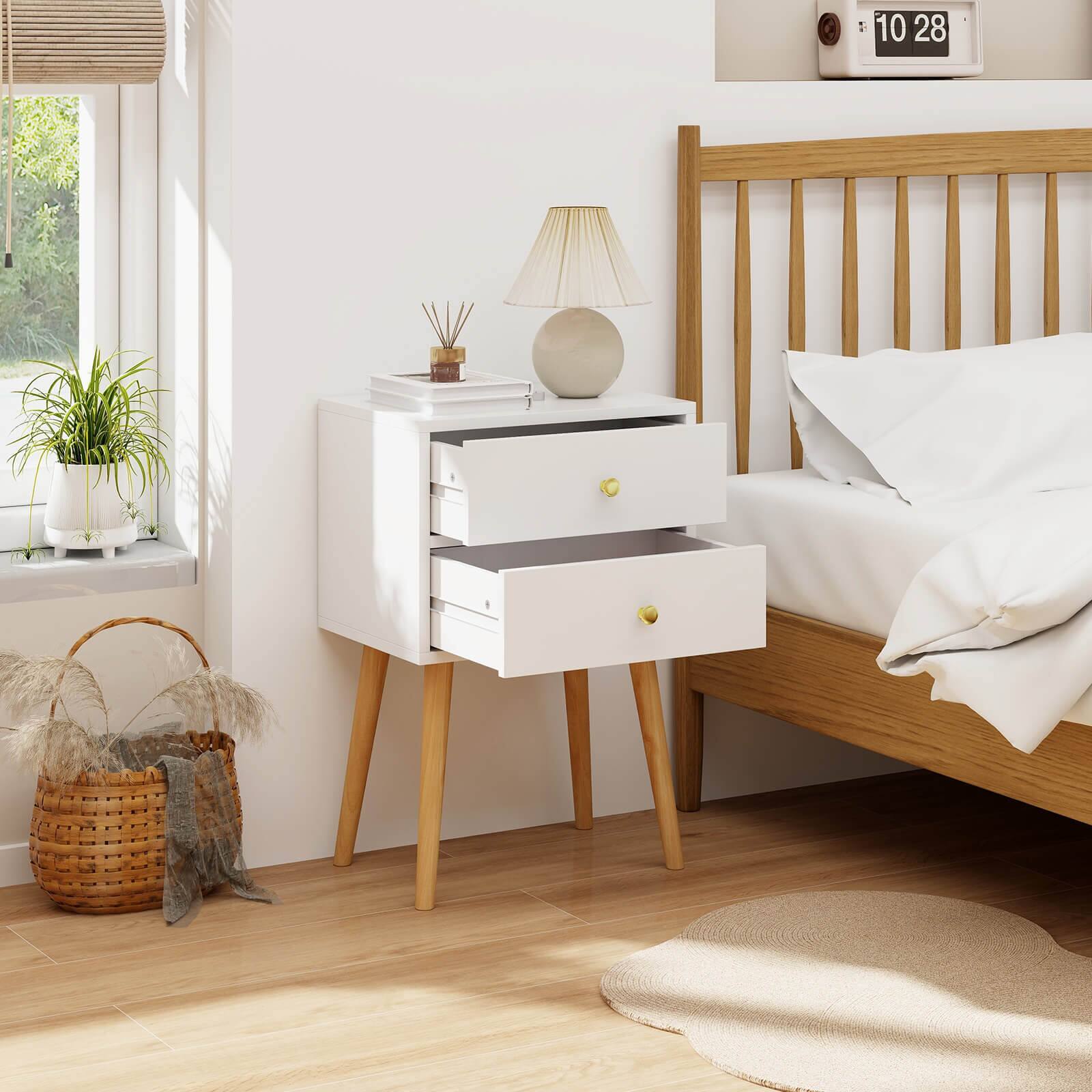 Alt View 3. Costway - Costway 2PCS Mid Century Modern 2 Drawers Nightstand Sofa Side End Table - White.