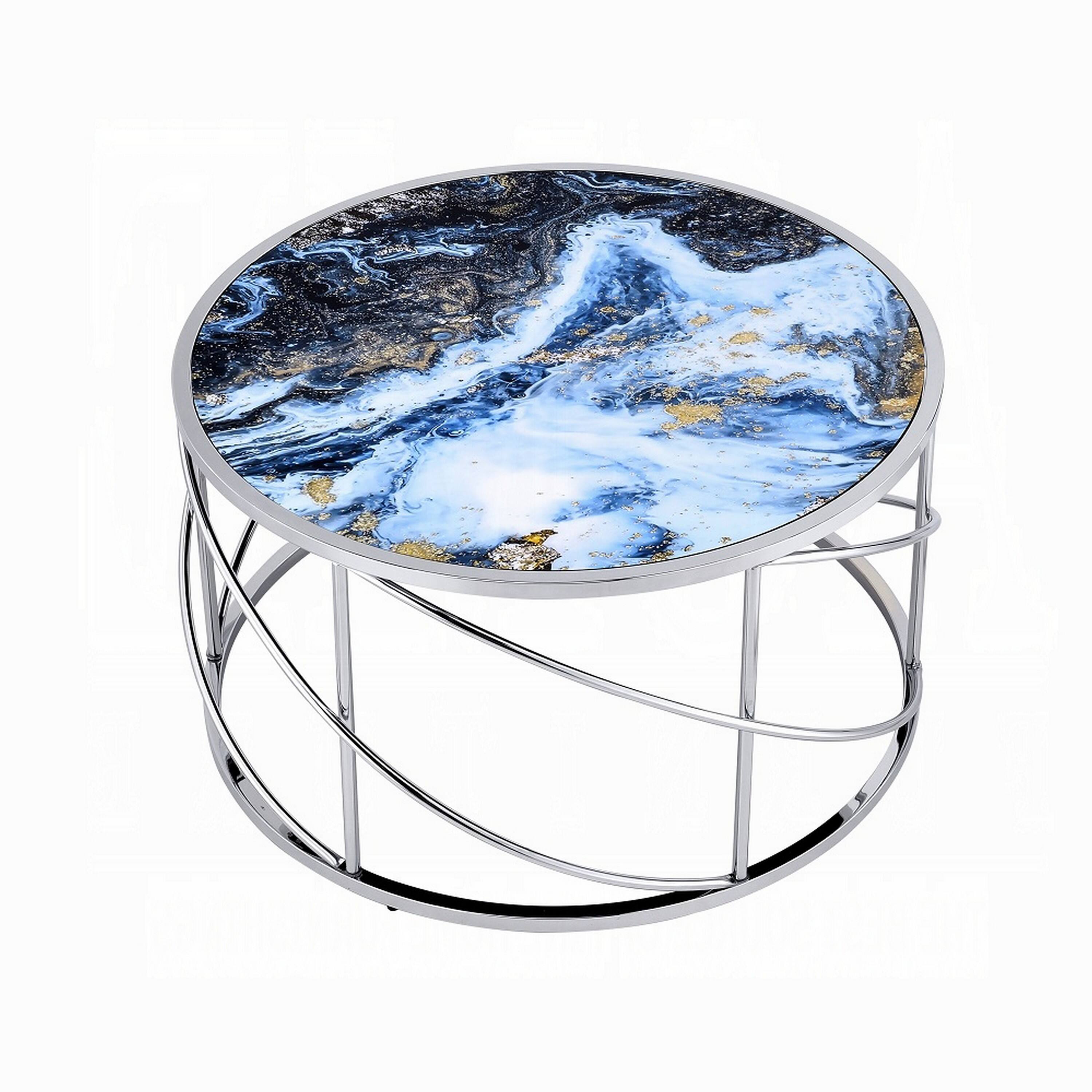 Alt View 3. Manhattan Lane - Shira Round Coffee Table, 33 Inch, Open Chrome Base, Blue Faux Marble - Blue, Chrome.