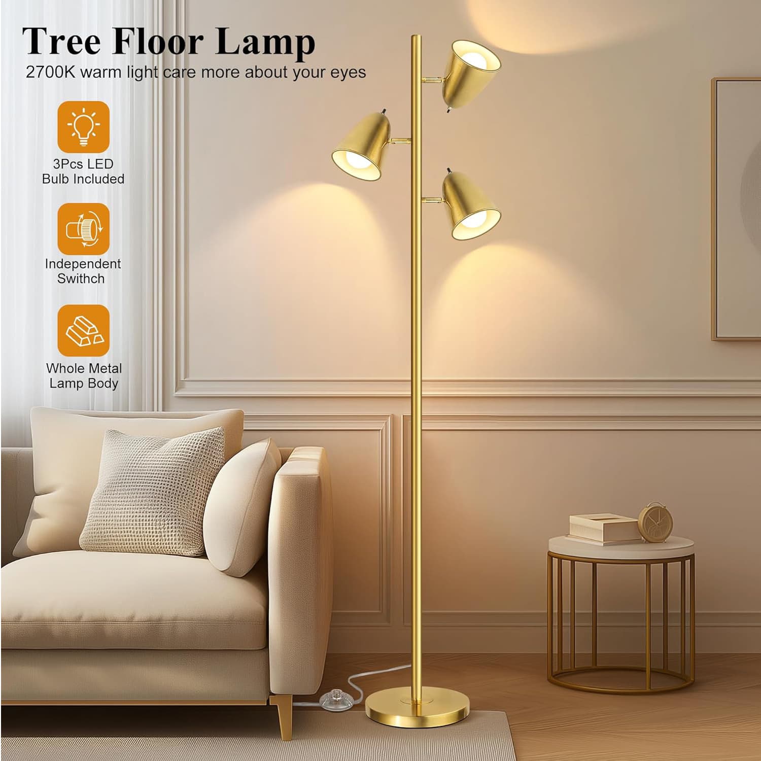 Tree Floor Lamp  
2700K warm light care more about your eyes  

- 3Pcs LED Bulb Included  
- Independent Switch  
- Whole Metal Lamp Body