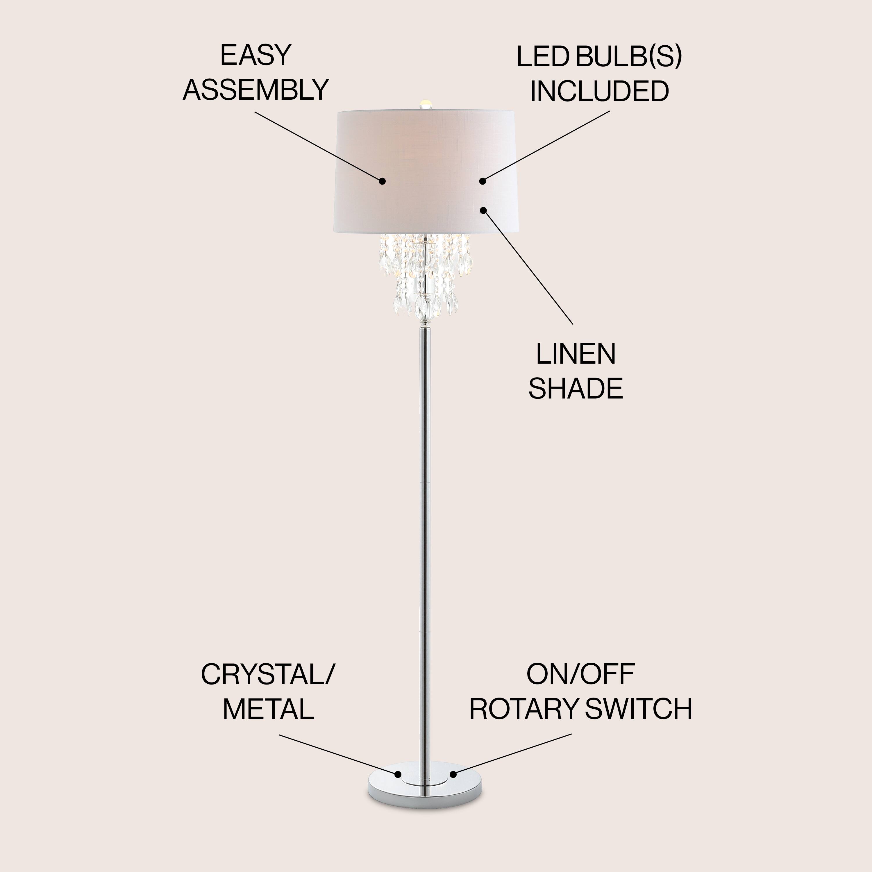 EASY ASSEMBLY  
LED BULB(S) INCLUDED  
LINEN SHADE  
CRYSTAL/METAL  
ON/OFF ROTARY SWITCH