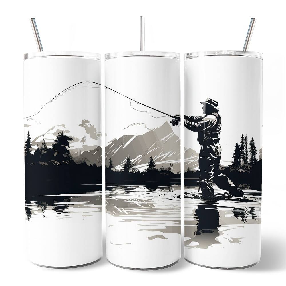 Front. OrnamentallyYou - Fly Fishing Mountain Lake Scene 20oz Tumbler With Lid and Stainless Steel Straw - Multicolored.