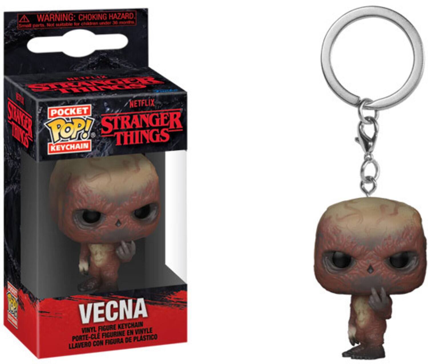 Sure, here is the corrected and grouped text from the image:

---

**WARNING: CHOKING HAZARD**  
Small parts. Not suitable for children under 36 months.

**POCKET POP! KEYCHAIN**  
**STRANGER THINGS**  
**NETFLIX**

**VECNA**  
VINYL FIGURE KEYCHAIN  
PORTE-CLE FIGURINE EN VINYLE  
LLAVERO CON FIGURA DE PLÁSTICO

---