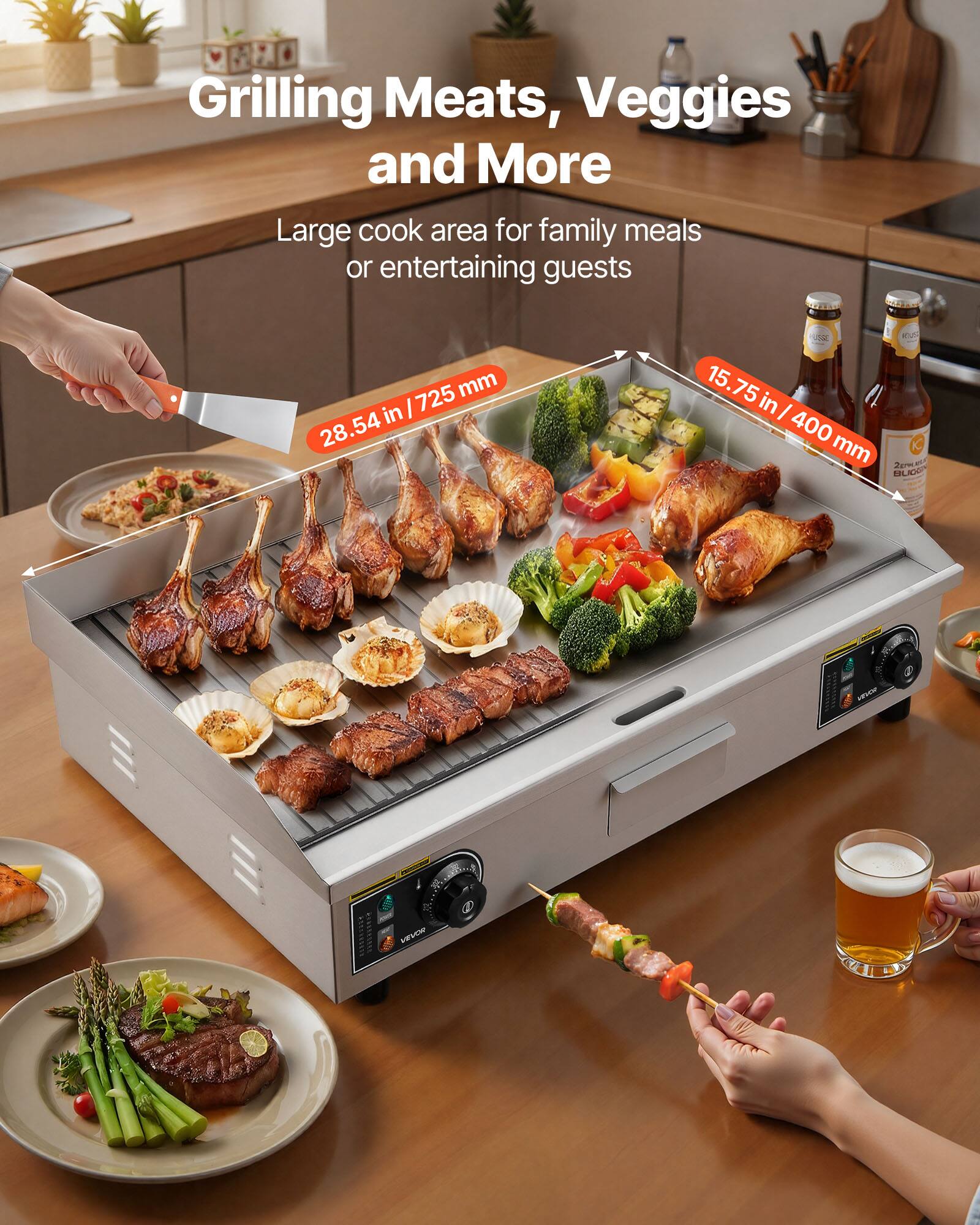 Grilling Meats, Veggies and More  
Large cook area for family meals or entertaining guests  

725 mm in 28.54  
RUP 15.75 in 400 mm  

BUCK  
knick  
LEVOR