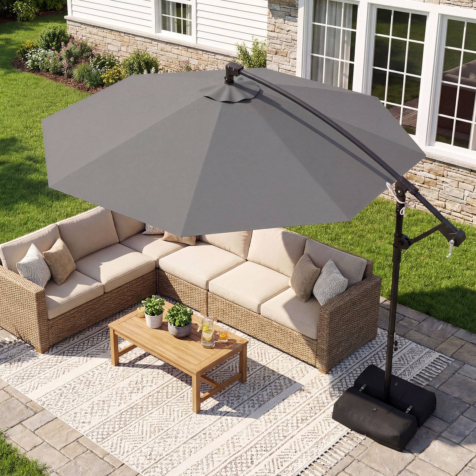 Alt View 4. Costway - Costway 10 FT Offset Hanging Umbrella with Base Patio Cantilever Umbrella 360° Rotation - Gray.
