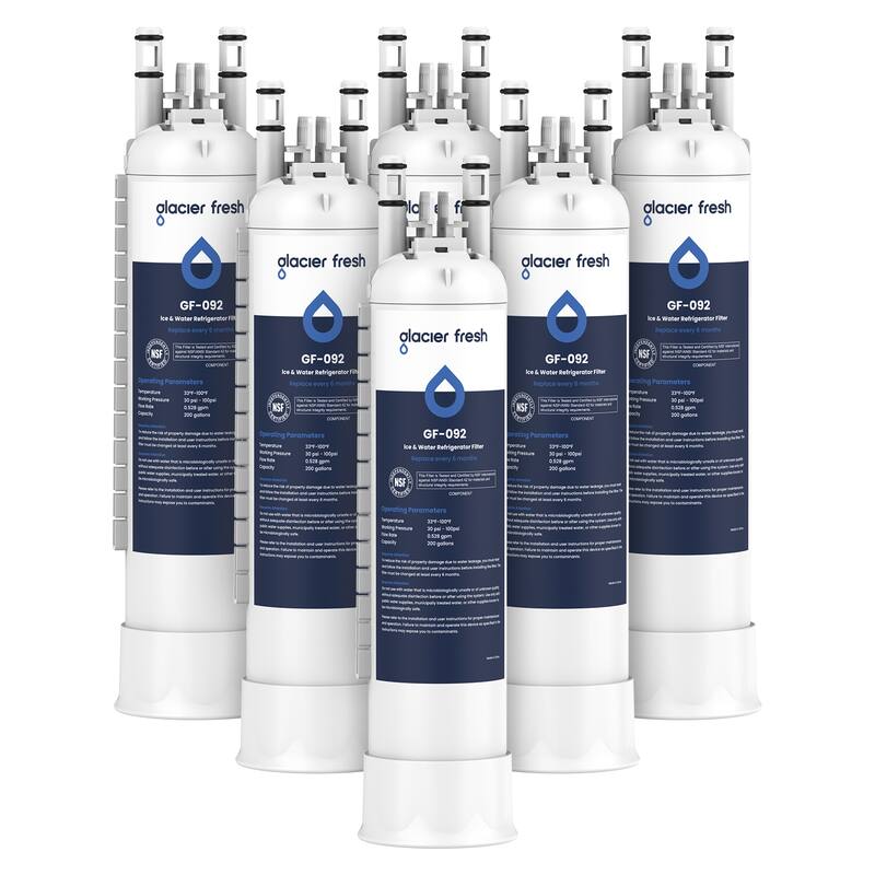 glacier fresh  
GF-092  
Ice & Water Refrigerator Filter  

Replace every 6 months  

Operating Parameters:  
Temperature: 32°F - 100°F  
Capacity: 200 gallons  

NSF International  
Certified to NSF/ANSI Standard 42 for taste and odor  
Certified to NSF/ANSI Standard 401 for emerging contaminants  

Replace every 6 months