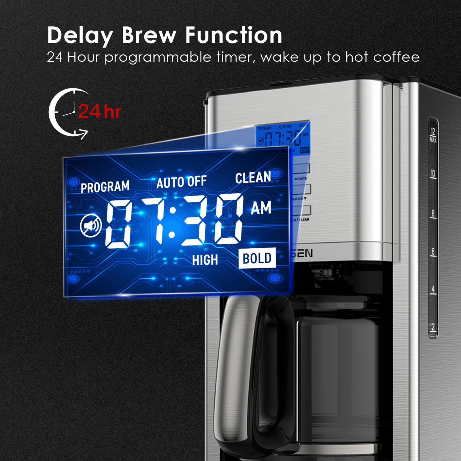 Delay Brew Function 24 Hour programmable timer, wake up to hot coffee 24 hr AUTO OFF CLEAN PROGRAM AM 07:30 HIGH BOLD ---- 1 MINUTI we . al 3 4 LAS EN 10 8 5 2