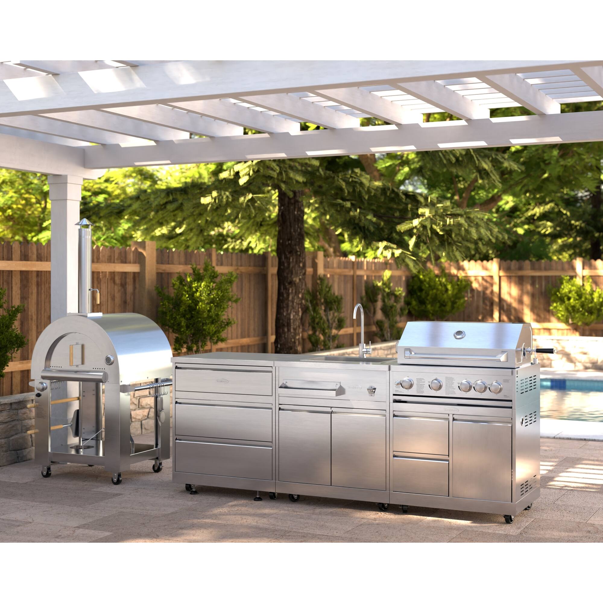 Angle. Koolmore - Outdoor Modular Kitchen with a Dual Fuel Pizza Oven, 3 Drawer Cabinet, Sink, 30 in. BBQ Grill and Cabinet - Stainless Steel.