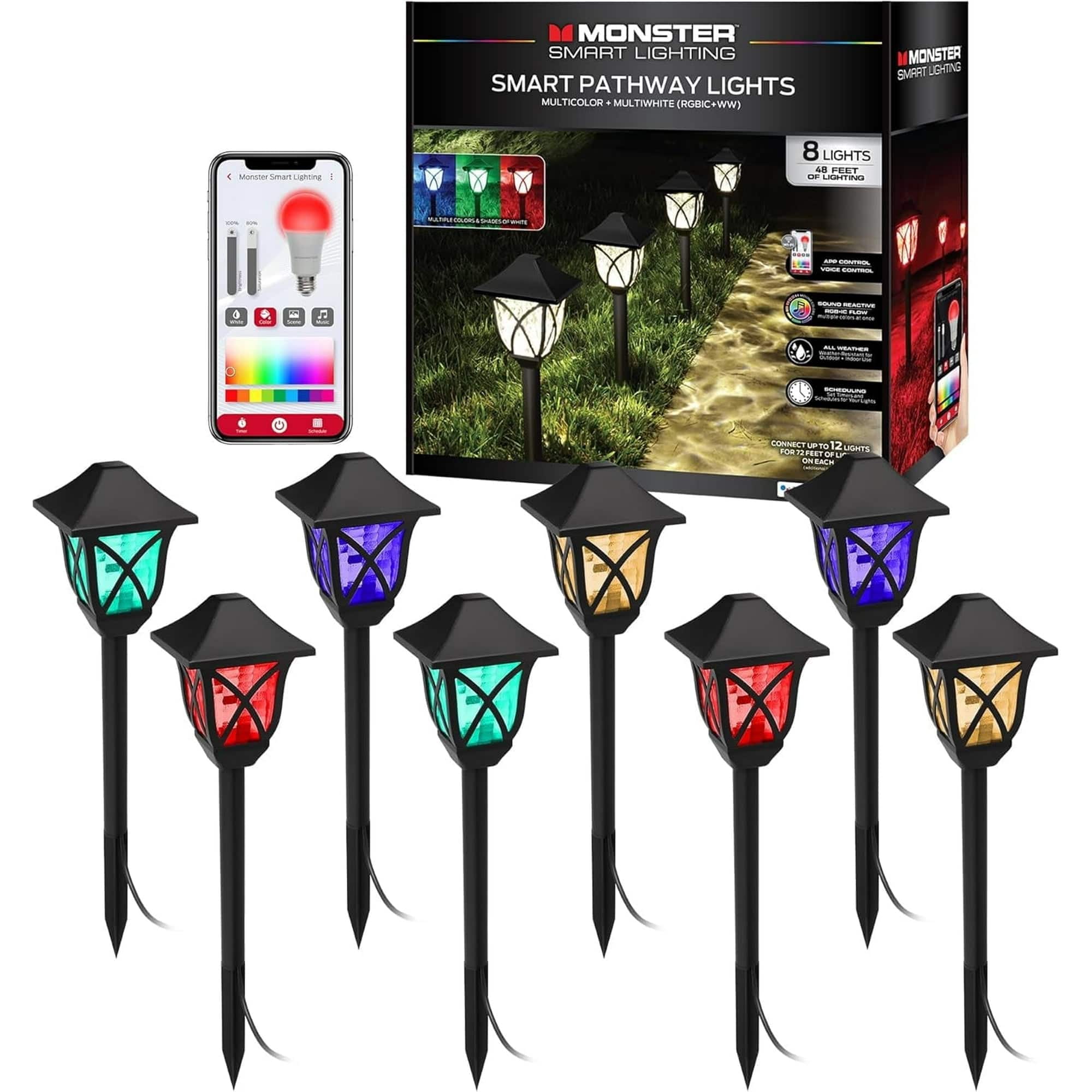 Monster - Smart 8-Pack Outdoor Pathway Lights, Multiwhite Landscape Lights, Wi-Fi App & Voice Control, Weather-Resistant - Multicolor