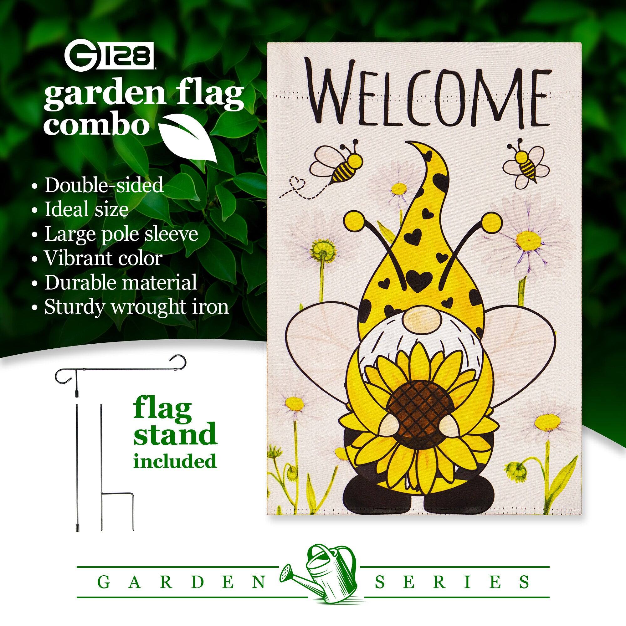 GI28 garden flag combo

- Double-sided
- Ideal size
- Large pole sleeve
- Vibrant color
- Durable material
- Sturdy wrought iron

WELCOME

flag stand included

GARDEN SERIES