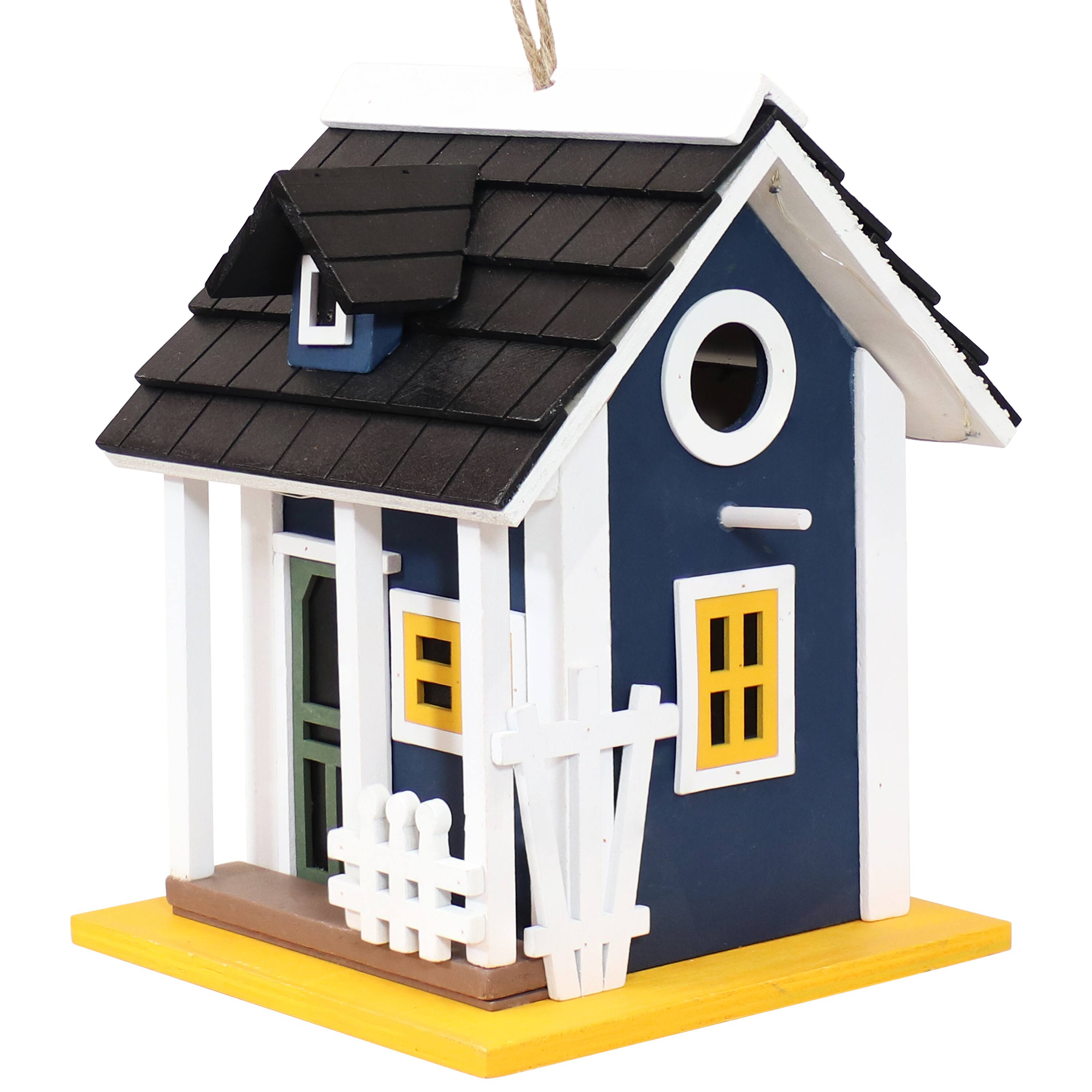 Front. Sunnydaze - 9.25 in Wooden Cozy Home Birdhouse with Solar LED Light - Midnight Blue.