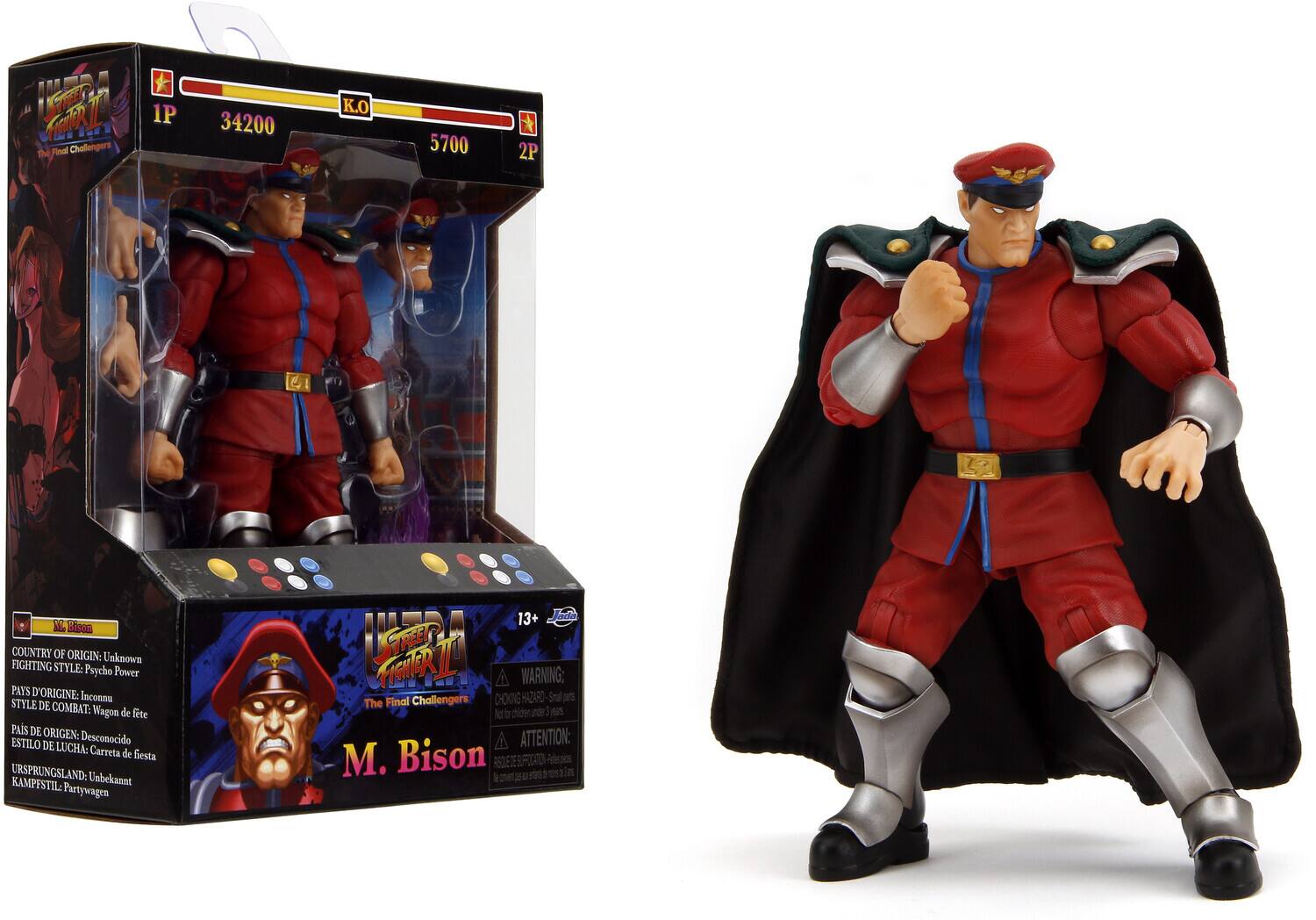 The Finest Challengers  
1P 34200 K.O 5700  
2P M Bison  

COUNTRY OF ORIGIN: Unknown  
FIGHTING STYLE: Psycho Power  

PAYS D'ORIGINE: Inconnu  
STYLE DE COMBAT: Wagon de fête  

PAÍS DE ORIGEN: Desconocido  
ESTILO DE LUCHA: Carreta de fiesta  

URSPRUNGSLAND: Unbekannt  
KAMPFSTIL: Partywagen  

13+  

WARNING: CHOKING HAZARD - Small parts. Not for children under 3 years.  

ATTENTION: PRODUIT DE COLLECTION - Faites attention  

M. Bison