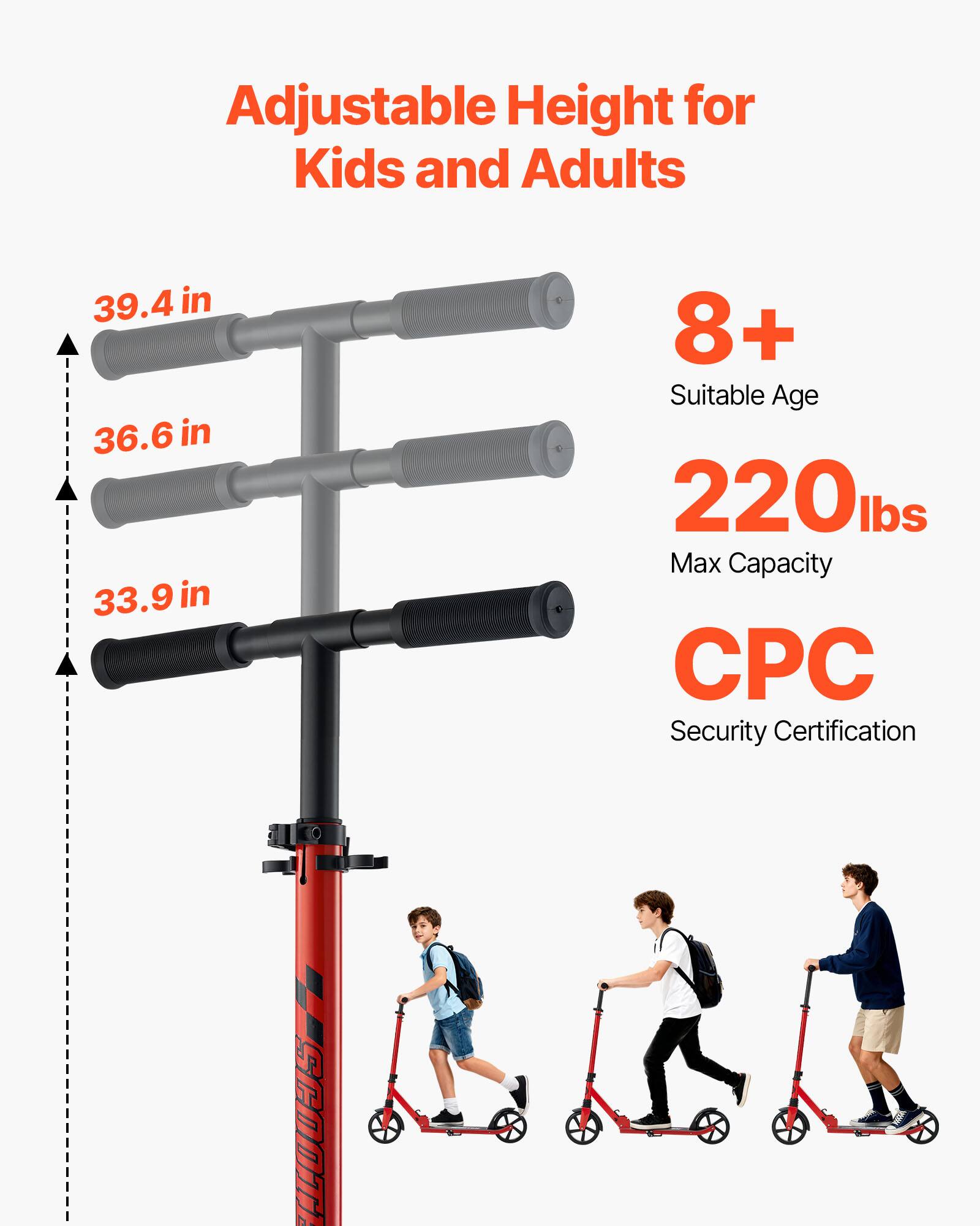 Adjustable Height for Kids and Adults  
39.4 in  
36.6 in  
33.9 in  
8+ Suitable Age  
220 lbs Max Capacity  
CPC Security Certification