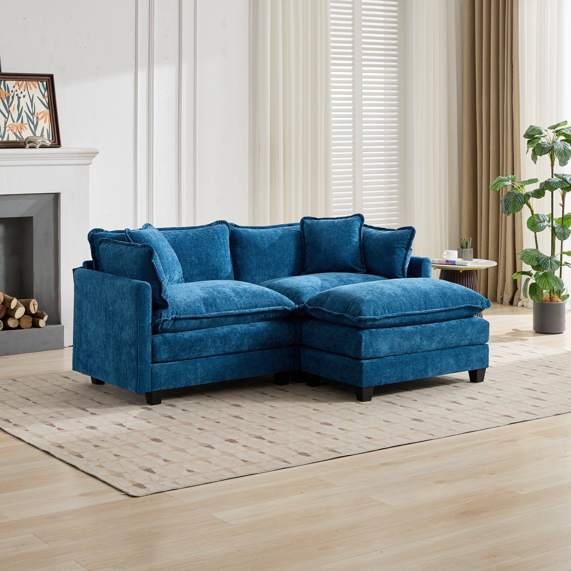 Alt View 4. TinyHomie - Blue Chenille Cloud Loveseat Sectional Sofa No Ottoman - Blue.