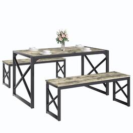 Vecelo - Dining Set: 55" Table & 2 Benches - Space Saving Design, Easy Assembly, Metal Frame, 4-Person Family Dining - Gray