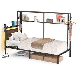Songmics Home - Twin Size Metal Bed Frame with Headboard, Multifunctional Storage, Built-in LED Lights, Charging Station, Bookshelf - Ash Brown