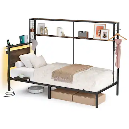 Front. Songmics Home - Twin Size Metal Bed Frame with Headboard, Multifunctional Storage, Built-in LED Lights, Charging Station, Bookshelf - Ash Brown.