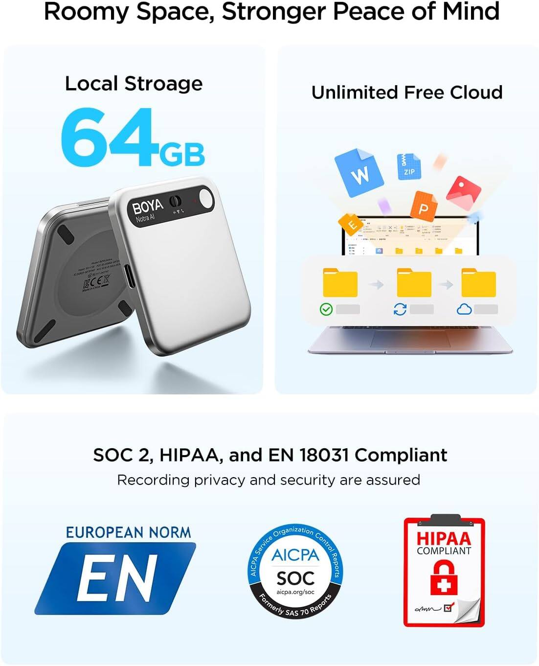 Roomy Space, Stronger Peace of Mind

Local Storage 64GB BOYA Notra AI

Unlimited Free Cloud

SOC 2, HIPAA, and EN 18031 Compliant
Recording privacy and security are assured

EUROPEAN NORM EN

Organization Service AICPA Control AICPA SOC Reports aicpa.org/soc Formerly SAS 70 Reports

HIPAA COMPLIANT