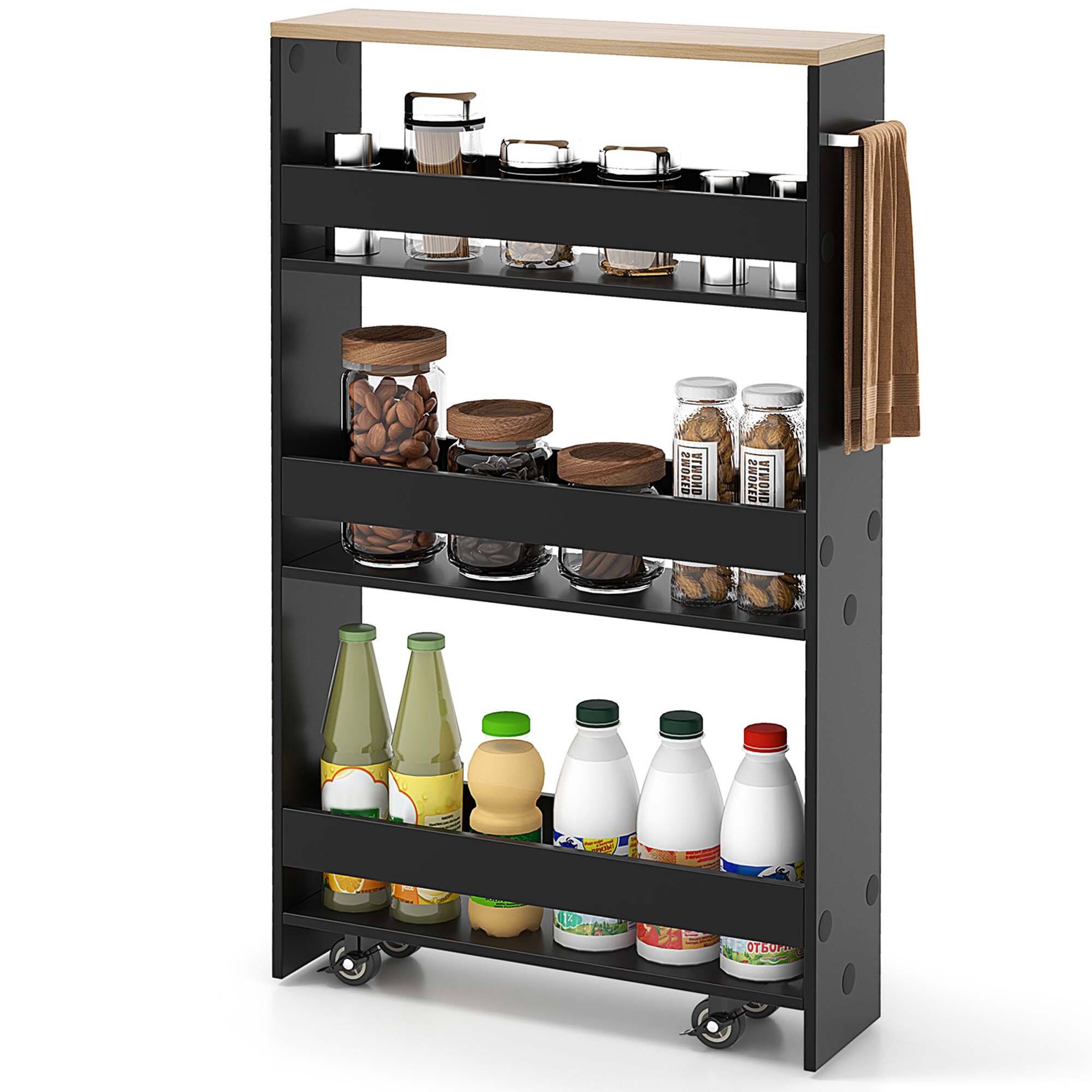 Costway - Rolling Kitchen Slim Storage Cart Mobile Shelving Organizer with Handle - Black
