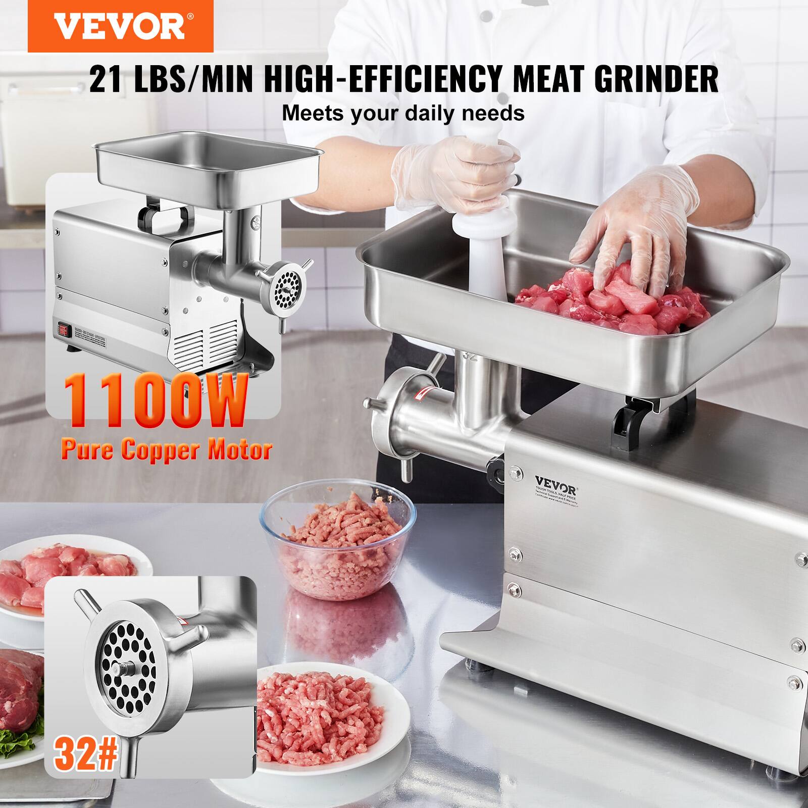 VEVOR 21 LBS/MIN HIGH-EFFICIENCY MEAT GRINDER Meets your daily needs 1100W Pure Copper Motor VEVOR 32#