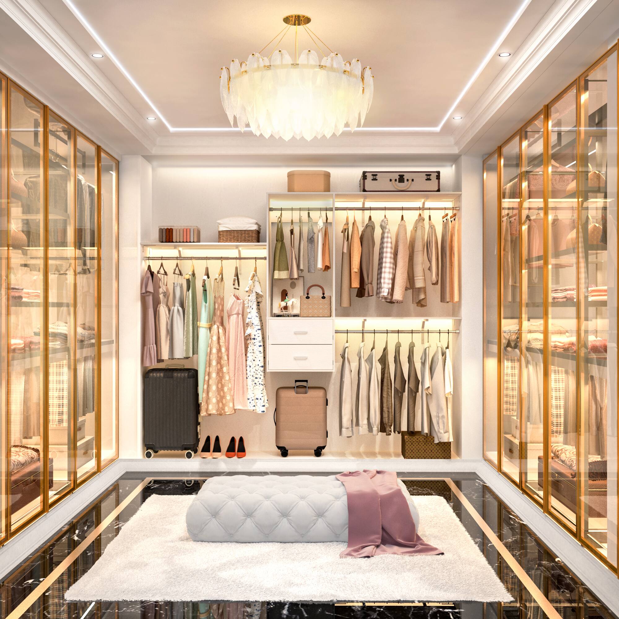 Back. Aheaplus - 20'' - 96'' Wall Mounted Closet Organizer System with 3 Shelf Towers, 3 Hanging Rods and 2 Drawers - White.