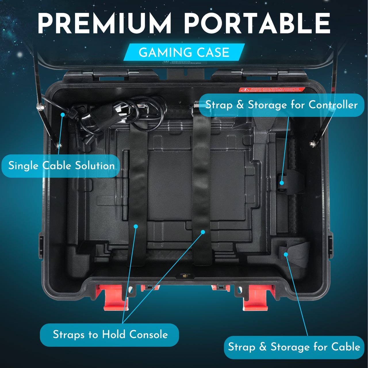 PREMIUM PORTABLE GAMING CASE

- Strap & Storage for Controller
- Single Cable Solution
- Straps to Hold Console
- Strap & Storage for Cable
