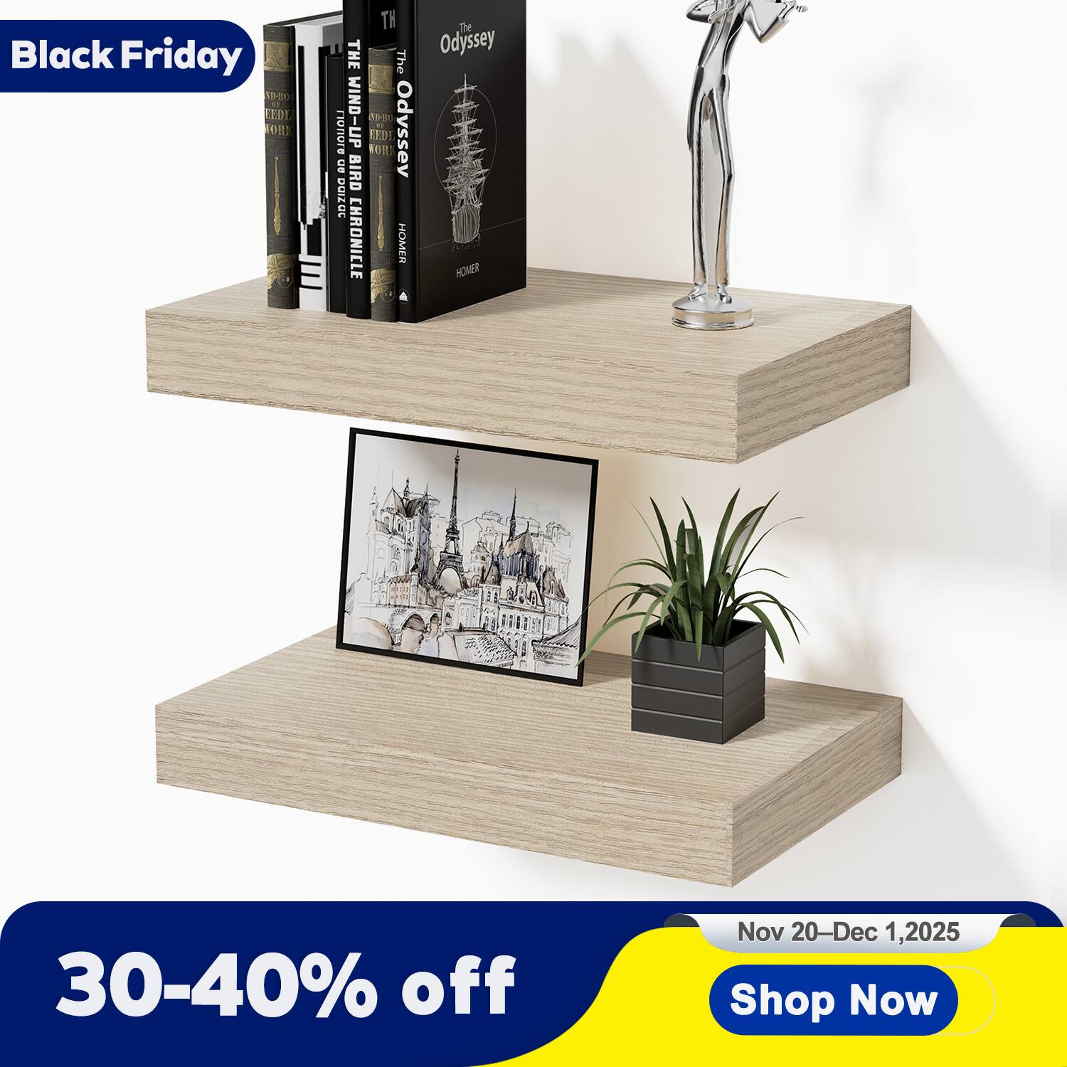 Mifurn - Wooden Floating Shelves for Wall, Wall Shelf for, Bedroom, Living Room, Bathroom Shelves Storage, 12x7x1.5 in, 2 Pack - Oak