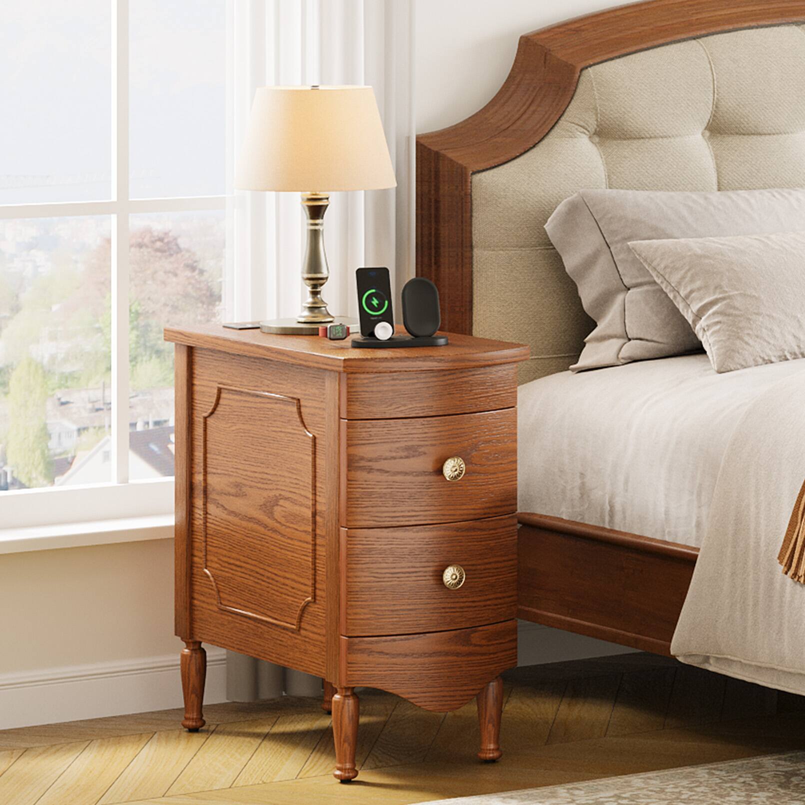 Alt View 3. Anysun - End Table with Charging Station & 2 Drawers - Vintage Slim Nightstand, Solid Wood Feet, Pre-Assembled for Living Room - Dark Brown.