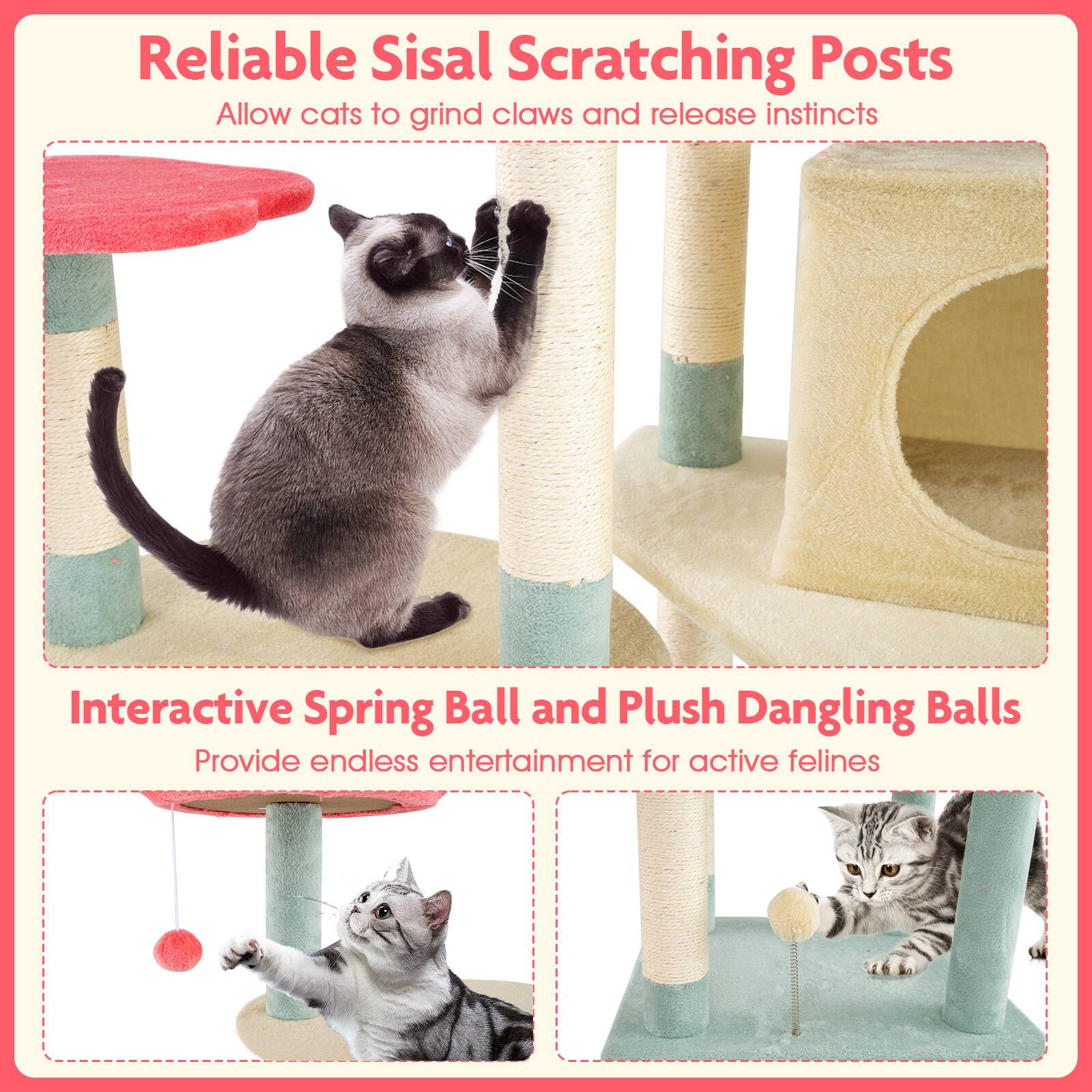 Reliable Sisal Scratching Posts  
Allow cats to grind claws and release instincts  

Interactive Spring Ball and Plush Dangling Balls  
Provide endless entertainment for active felines