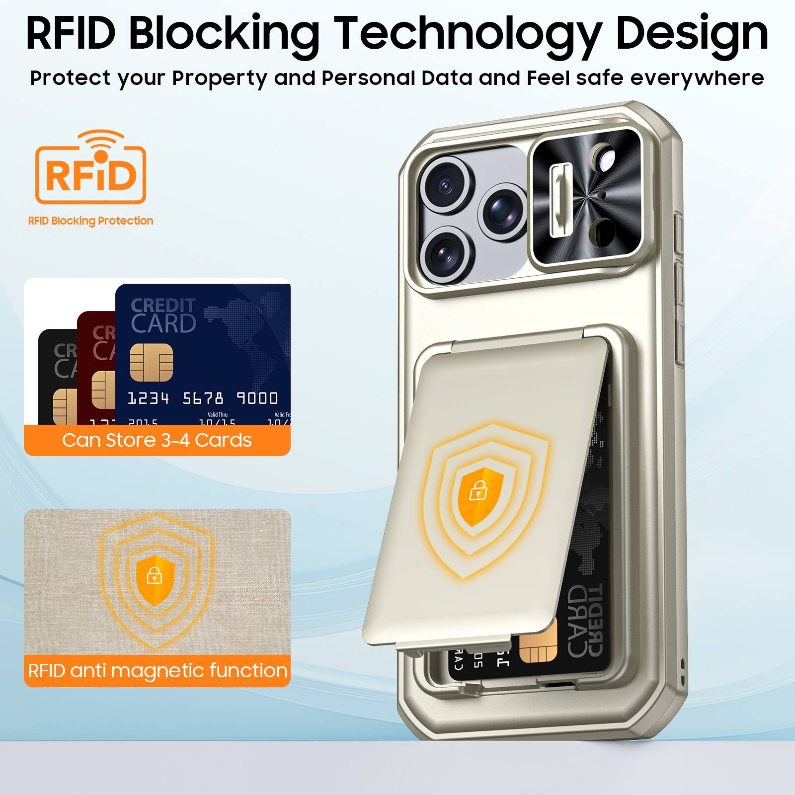 RFID Blocking Technology Design  
Protect your Property and Personal Data and Feel safe everywhere  

RFID RAD Blocking Protection  
CREDIT CARD  
1234 5678 9000  
THI 2016 10/15 104  

Can Store 3-4 Cards  

RFID anti magnetic function  

RFID Blocking Protection