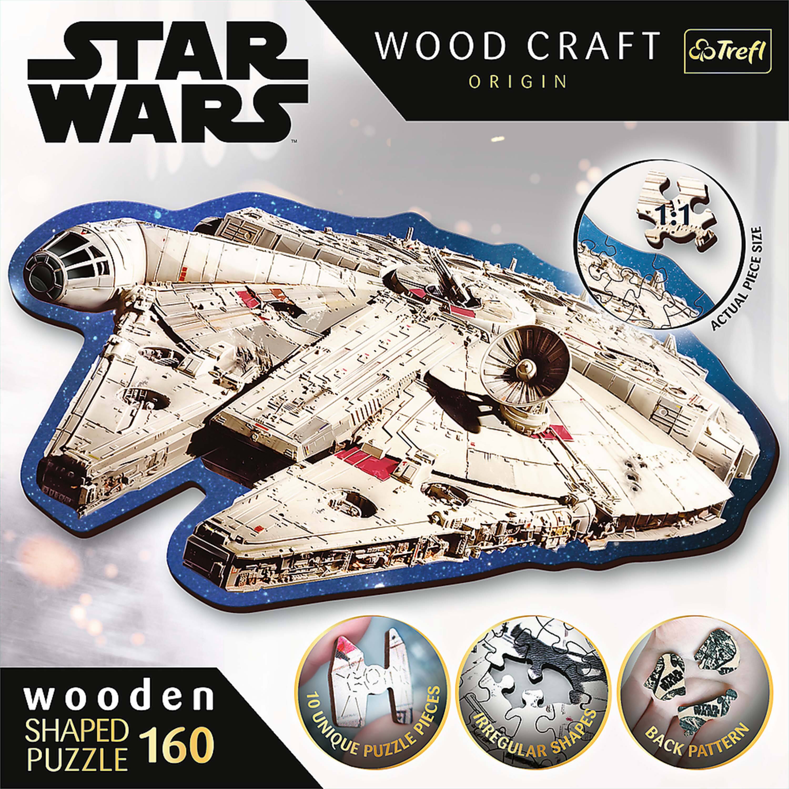 STAR WARS  
WOOD CRAFT ORIGIN  
Trefl  

wooden SHAPED PUZZLE 160  
10 UNIQUE PUZZLE PIECES  
IRREGULAR SHAPES  
BACK PATTERN