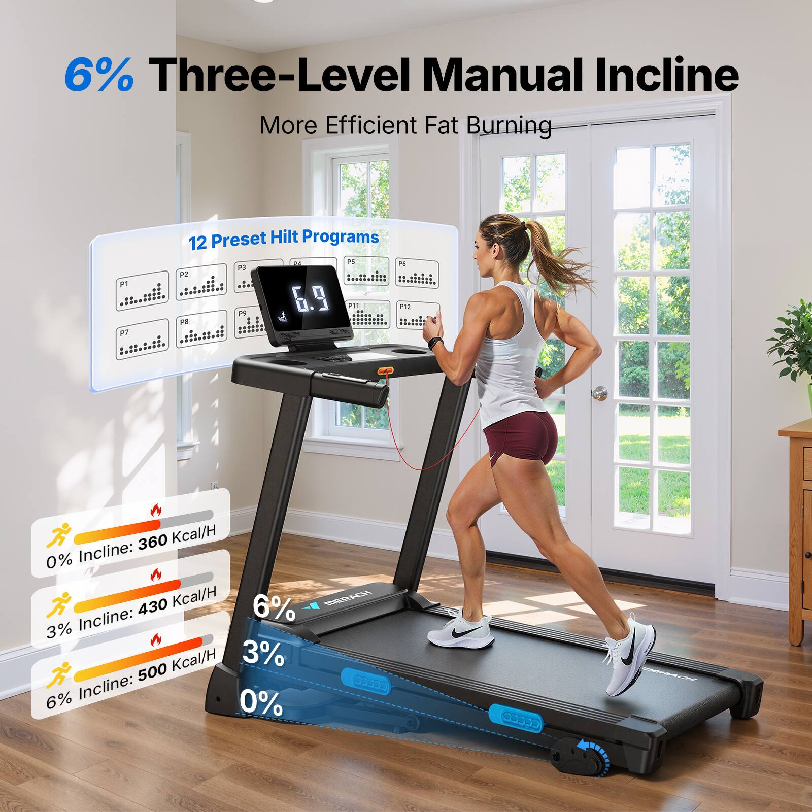 6% Three-Level Manual Incline  
More Efficient Fat Burning  

12 Preset Hilt Programs  

0% Incline: 360 Kcal/H  
3% Incline: 430 Kcal/H  
6% Incline: 500 Kcal/H  

6% Three-Level Manual Incline  
More Efficient Fat Burning
