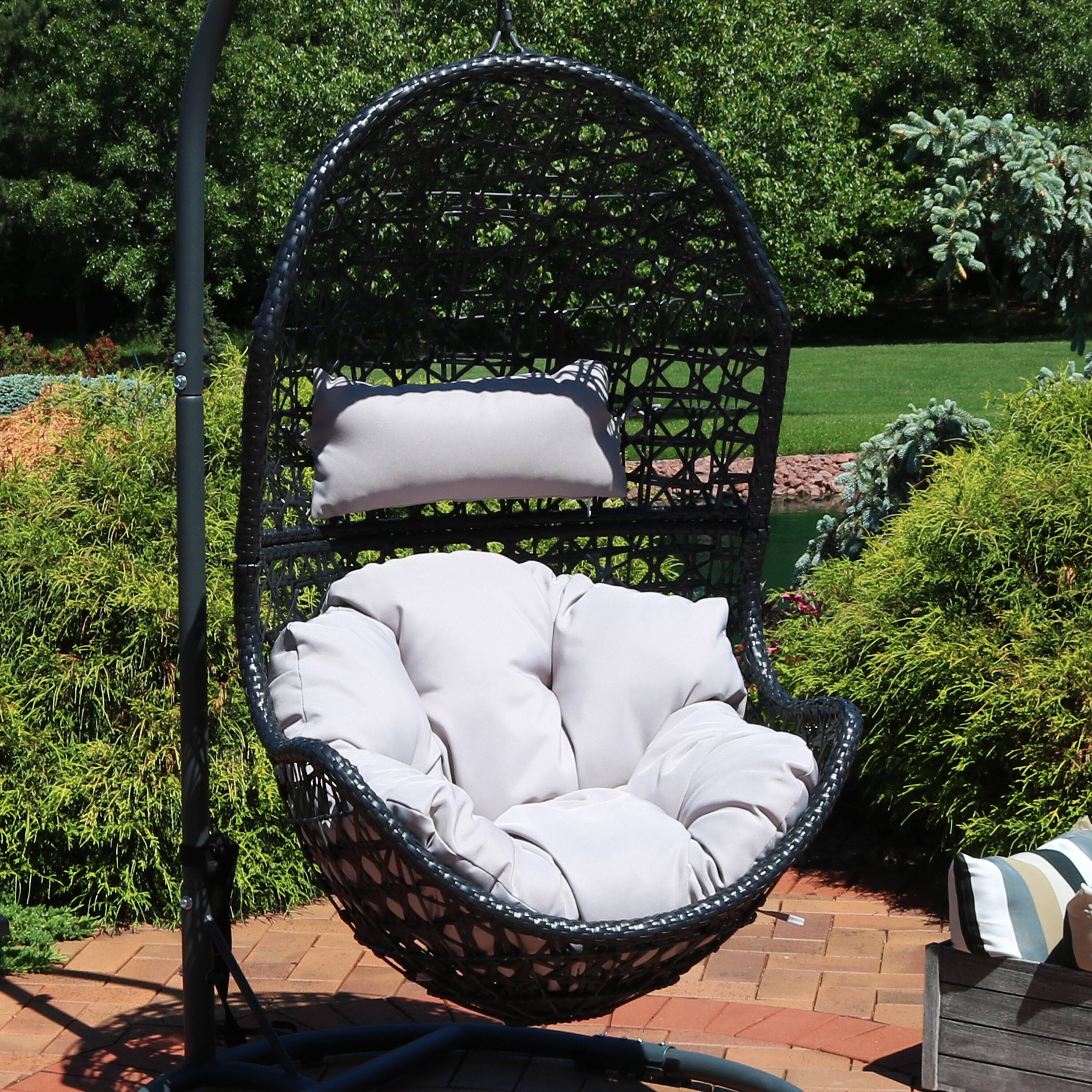 Alt View 4. Sunnydaze - Black Resin Wicker Basket Hanging Egg Chair with Cushions - Gray Cushions.