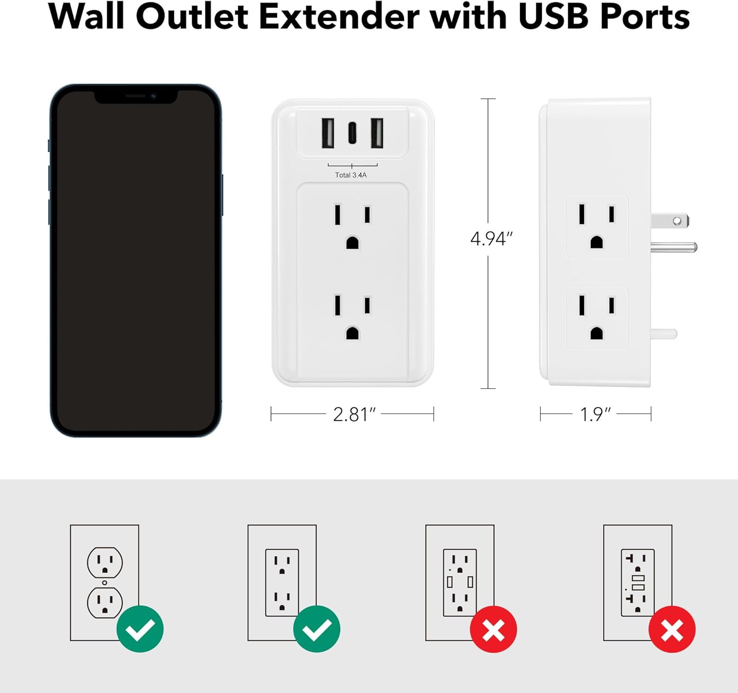 Wall Outlet Extender with USB Ports  
Total 3 3.4A  
4.94" 2.81" 1.9"