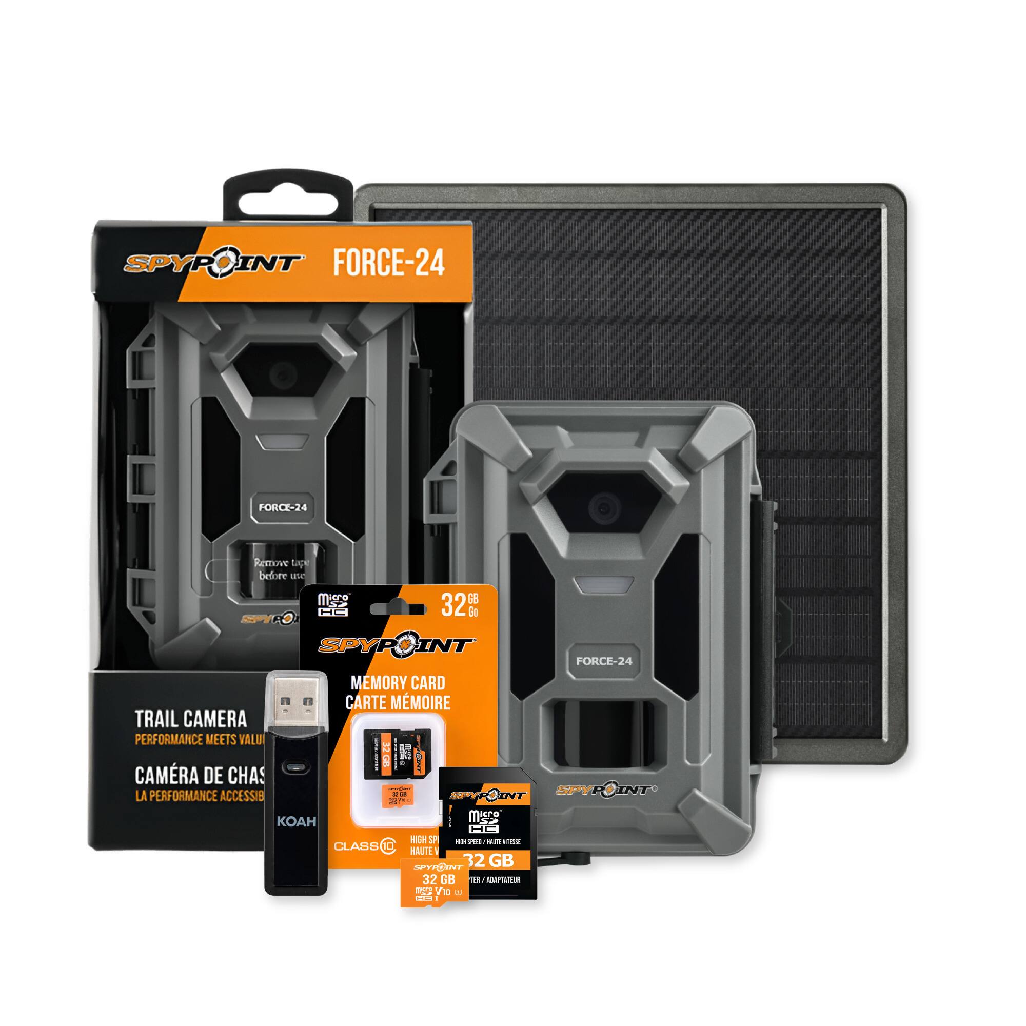 SPYPOINT FORCE-24  
Remove tape before use  

TRAIL CAMERA  
PERFORMANCE MEETS VALUE  
CAMERA DE CHAS  
LA PERFORMANCE ACCESSIBLE  

MEMORY CARD  
CARTE DE MÉMOIRE  
32 GB  

CLASS 10  
HIGH SPEED  
12 GB  
32 GB  

KOAH