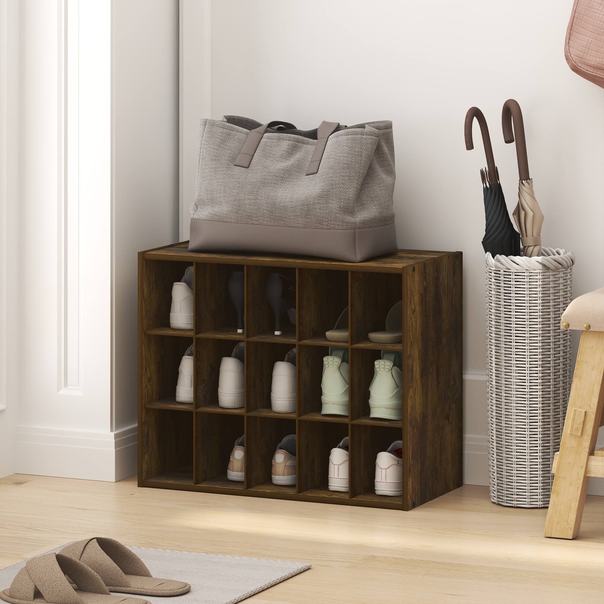 Alt View 1. Furinno - FANO 15-Cube Shoe Organizer, Shoe Rack, Stackable Shoe Storage, for Closet Entryway, Office, Garage - Amber Pine.