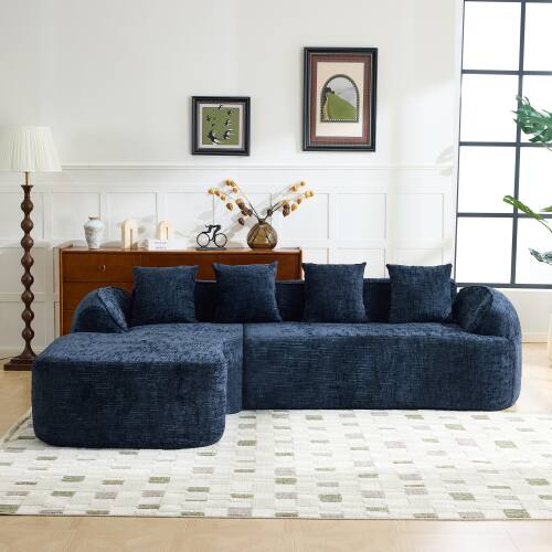 Angle. Anysun - Chenille L-Shape Compressed Sofa - High-Elastic Sponge, Curved Armrests & 4 Throw Pillows for Living Room - Blue.
