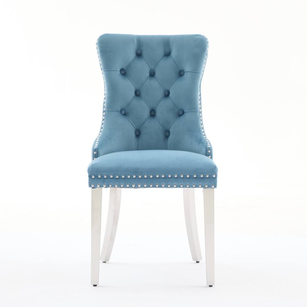 Angle. Loheer - Loheer Velvet Dining Chairs Light Blue Tufted Upholstered Modern Seating with Chrome Legs Nailhead Trim Set of 2 - Light Blue.