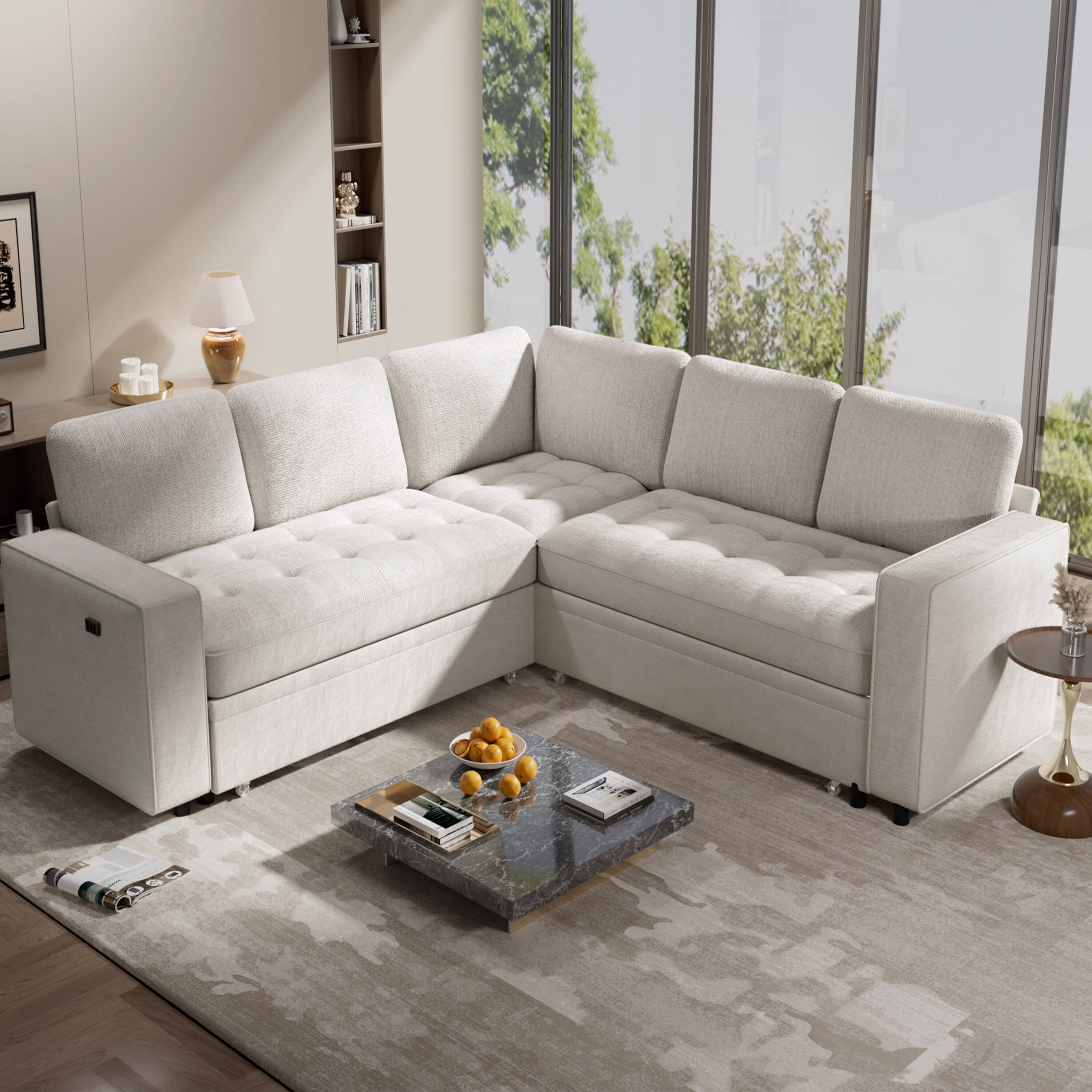 Alt View 3. Dyonery - 80" Sectional Sleeper Sofa with Pull Out Couch,Modern 5 Seat L Shaped Modular Couch,Sectionals Modular Sofa with Storage - Beige.
