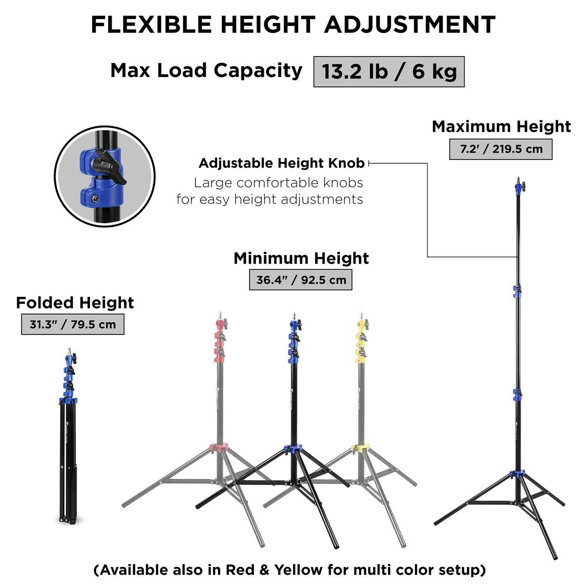 FLEXIBLE HEIGHT ADJUSTMENT  
Max Load Capacity: 13.2 lb / 6 kg  
Adjustable Height Knob: Large comfortable knobs for easy height adjustments  
Maximum Height: 7.2' / 219.5 cm  
Folded Height: 31.3" / 79.5 cm  
Minimum Height: 36.4" / 92.5 cm  
(Available also in Red & Yellow for multi color setup)