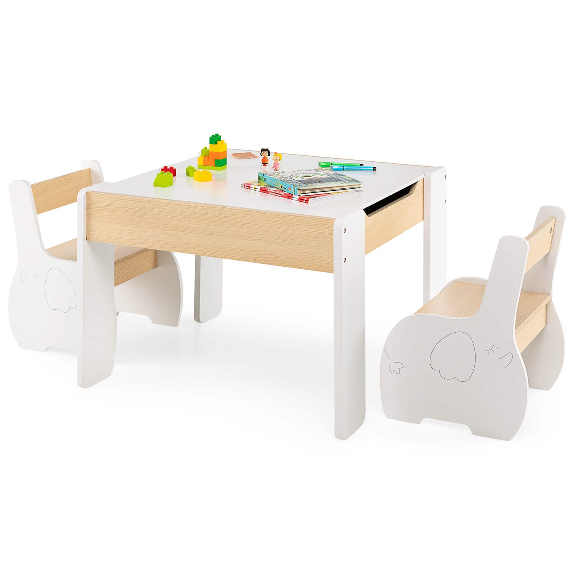 Gymax - 4-in-1 Kids Wooden Table & 2 Chairs Set w/ Storage Detachable Blackboard Drawing - White