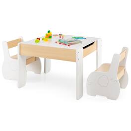 Gymax - 4-in-1 Kids Wooden Table & 2 Chairs Set w/ Storage Detachable Blackboard Drawing - White