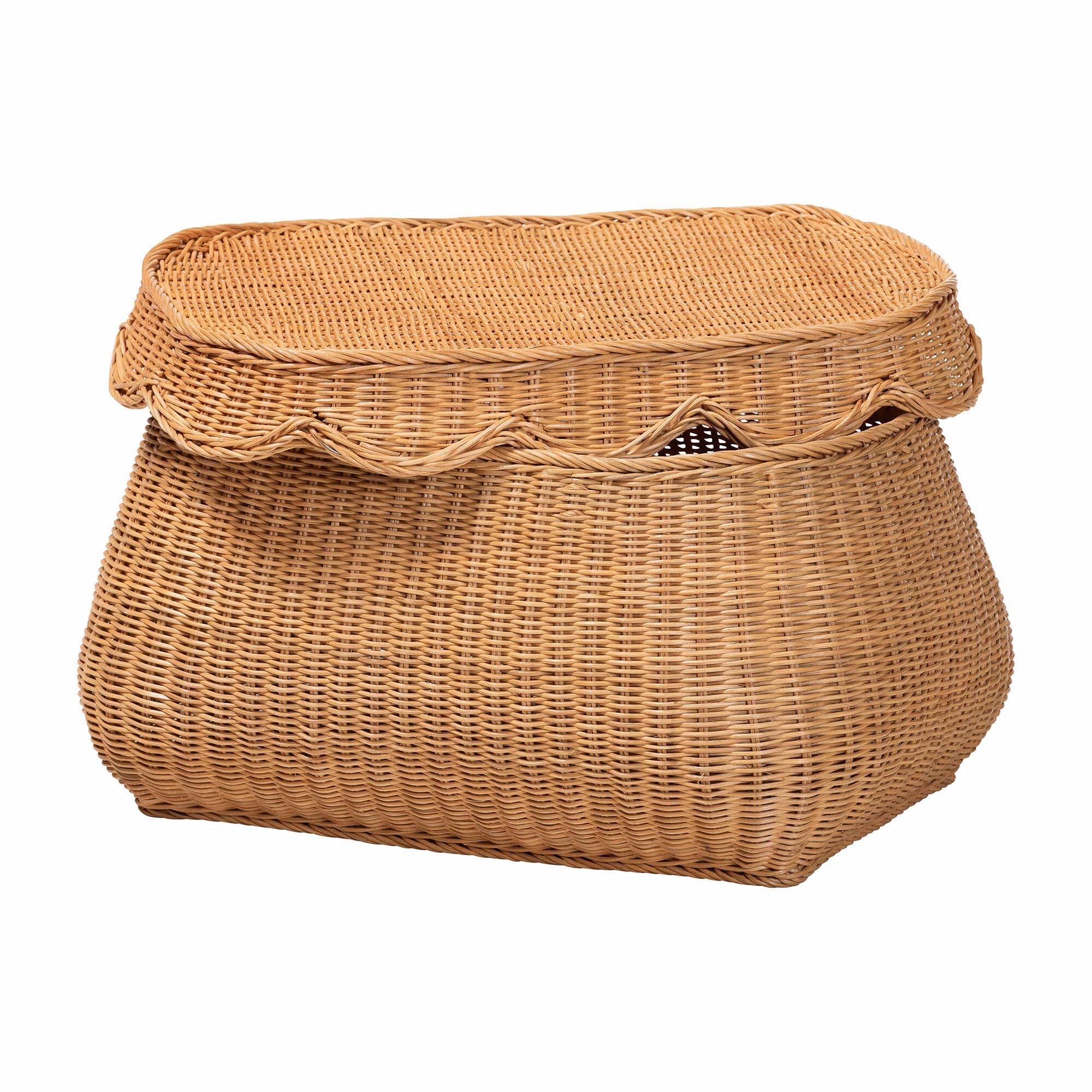 Angle. bali & pari - Ayleen Natural Rattan Basket with Scalloped Lid – Handwoven Wicker Storage Box, Boho Coastal Home Décor, Small - Light Honey.