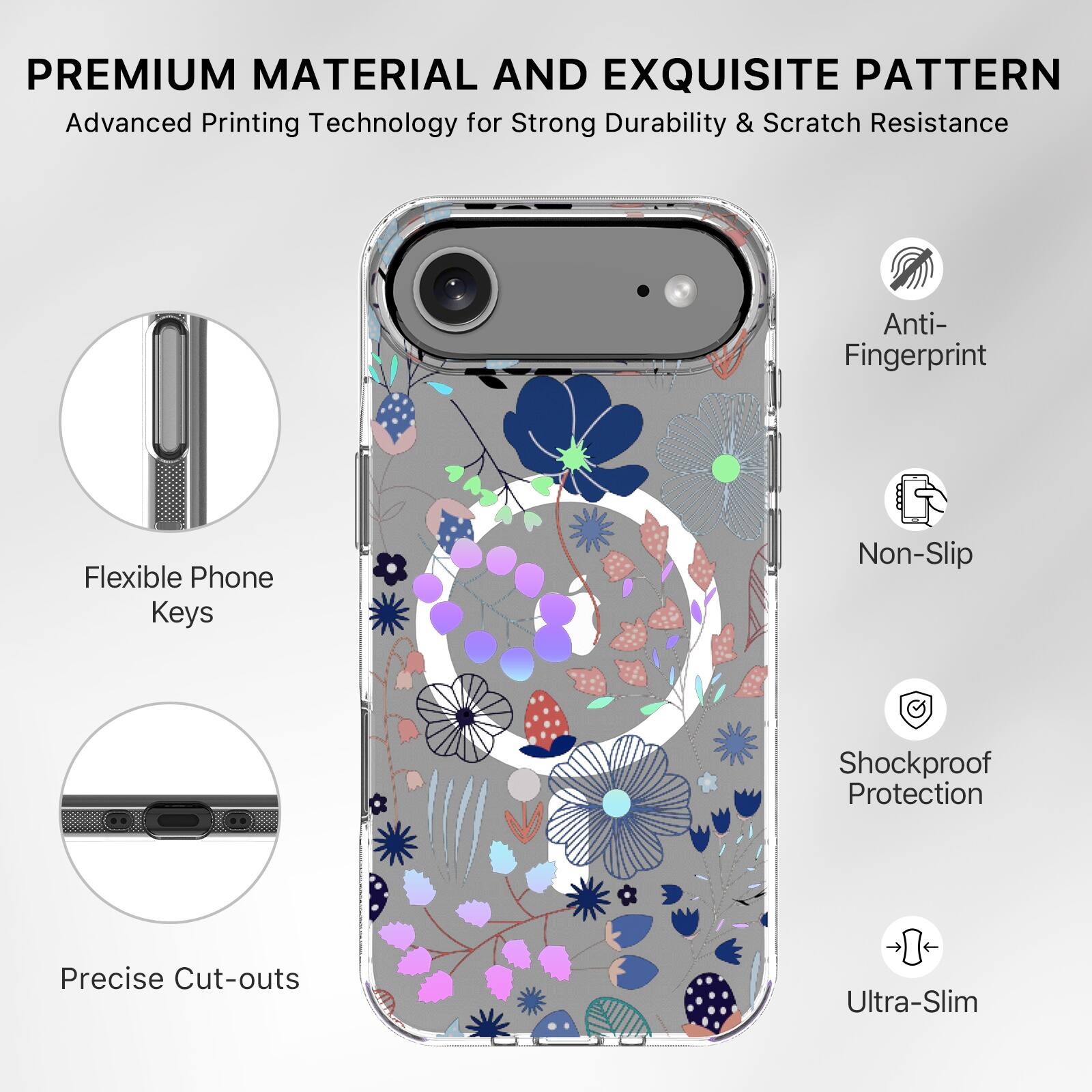 PREMIUM MATERIAL AND EXQUISITE PATTERN  
Advanced Printing Technology for Strong Durability & Scratch Resistance  

- Flexible Phone Keys  
- Precise Cut-outs  
- Anti-Fingerprint  
- Non-Slip  
- Shockproof Protection  
- Ultra-Slim