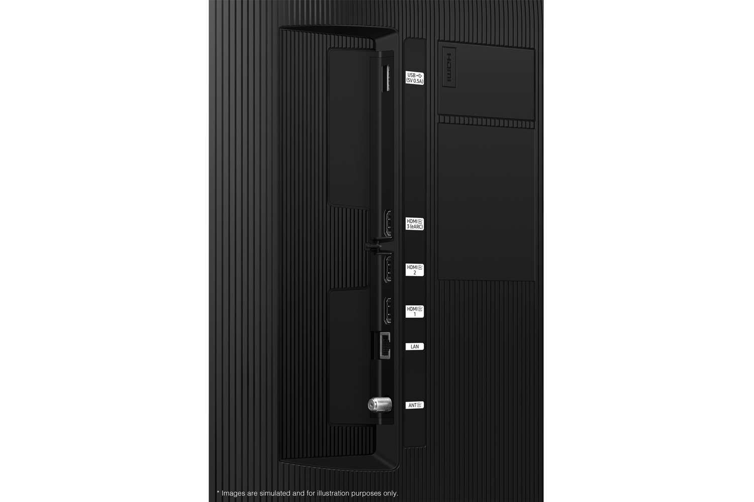 The text on the image reads: "u8- + SVO.SA HOM HOMIE 1 SARC HDMI 2 HDMIK 1 LAN ANT B Images are simulated and for illustration purposes only."