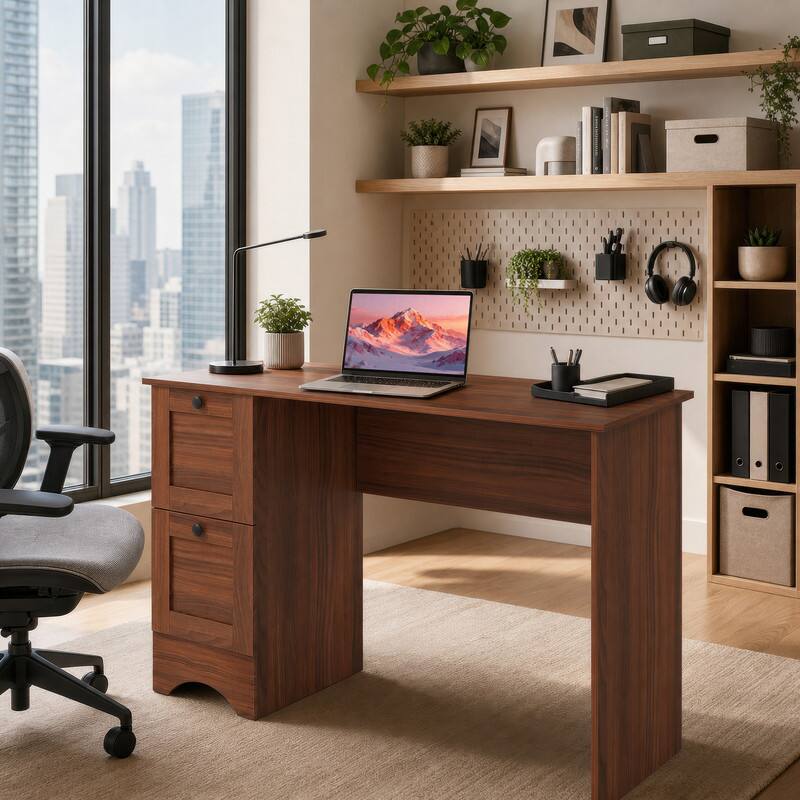 Angle. WELLFOR - 43" Computer Desk with Power Outlets & 2 Drawers, Writing Studying Working Desk for Home Office - Walnut.