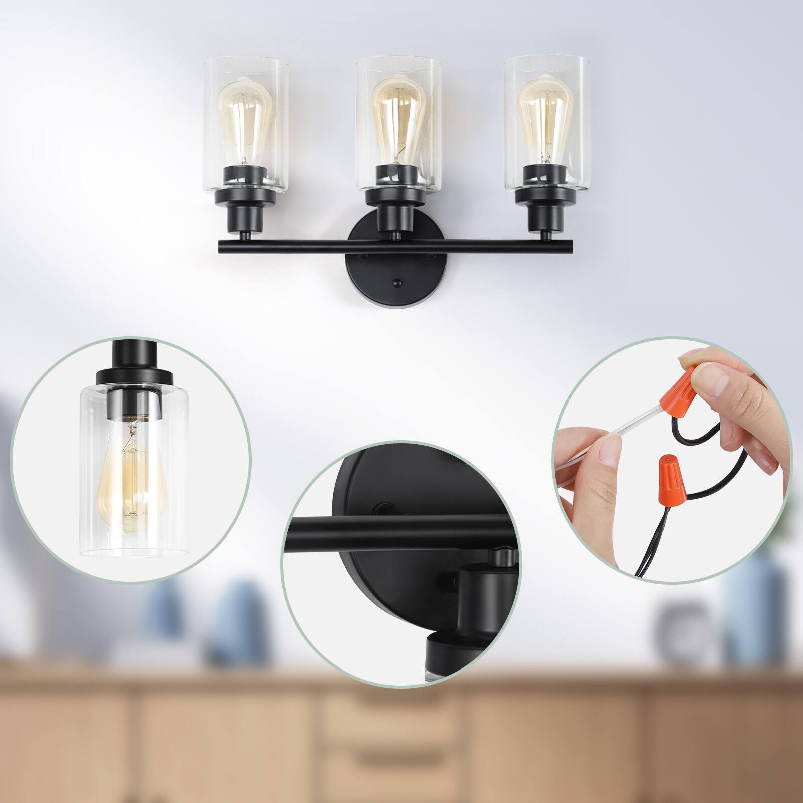 Left. Oumilen - 3-Light Glass Vanity Light 17.32In Black Metal Wall Sconce with Clear Glass Shades Industrial Bathroom Light.