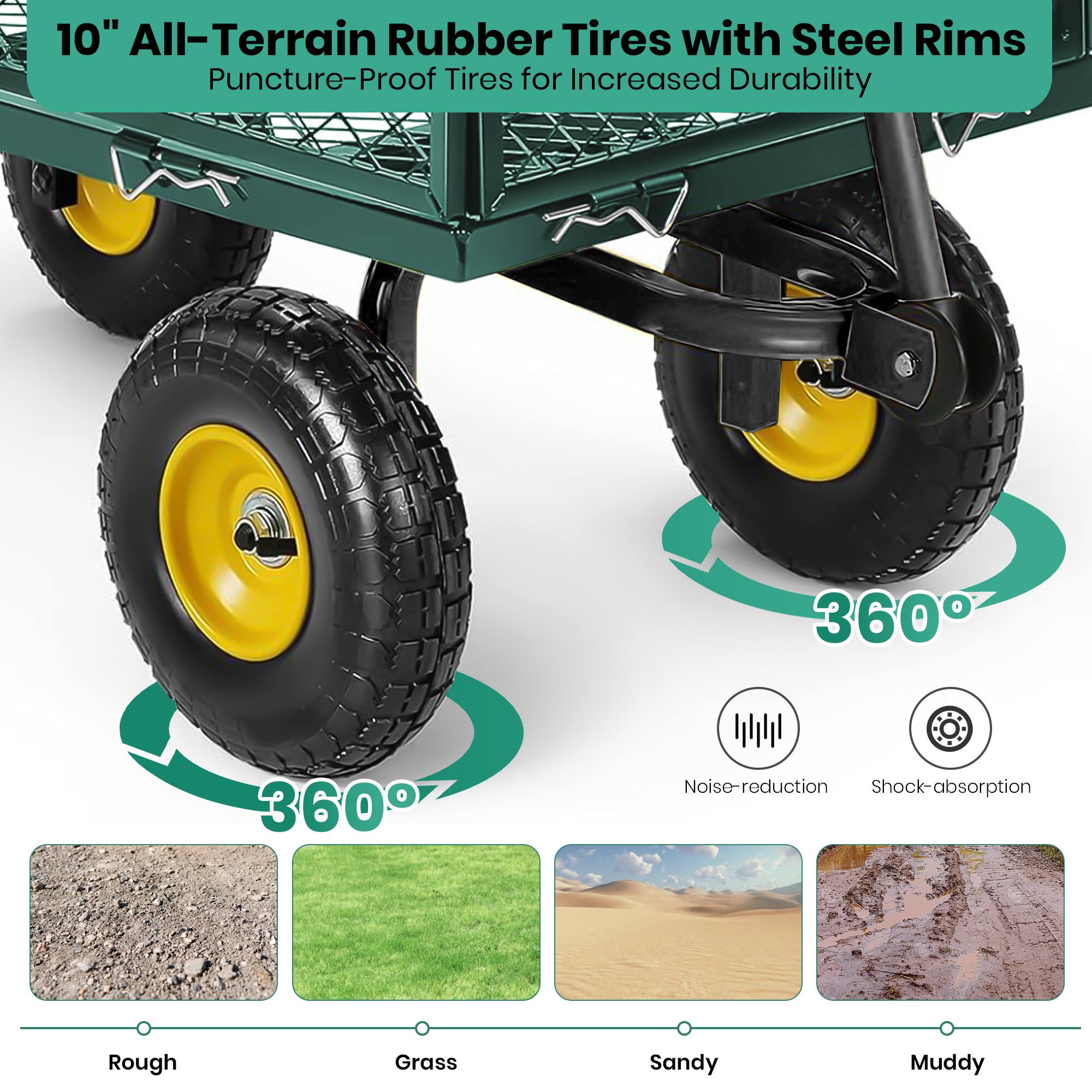 10" All-Terrain Rubber Tires with Steel Rims Puncture-Proof Tires for Increased Durability

360°
360°

Noise-reduction
Shock-absorption

Rough
Grass
Sandy
Muddy