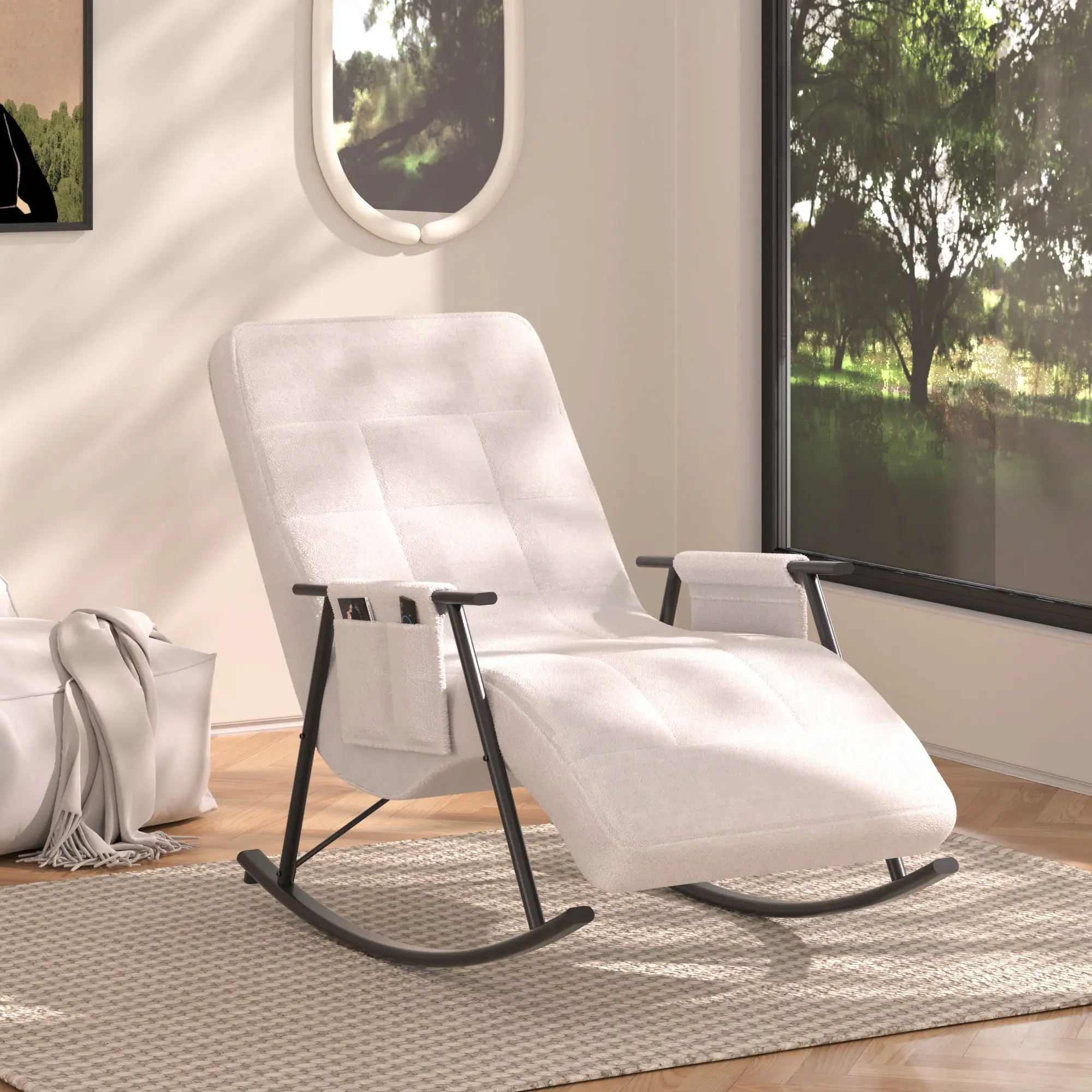 Alt View 3. Vecelo - Adjustable Teddy Fabric Nursery Rocking Chair with Reclining Back&Footrest, Modern Recliner for Living Room or Baby Room - White.